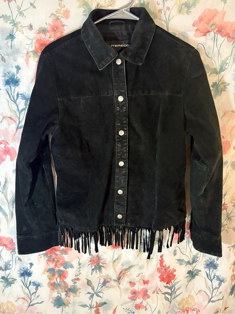 Vintage Fringed Suede Button-Front Jacket - Black
